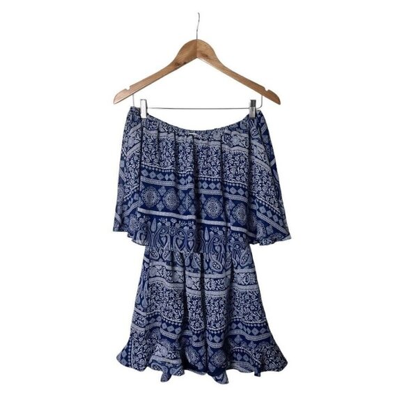MISA Los Angeles Chiara Blue White Off The Shoulder Romper XS - Picture 2 of 6